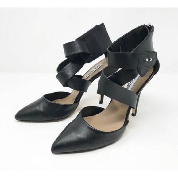 Steve Madden Dupree Black Leather Strappy Pointed Toe Heels 9.5 - Picture 1 of 6